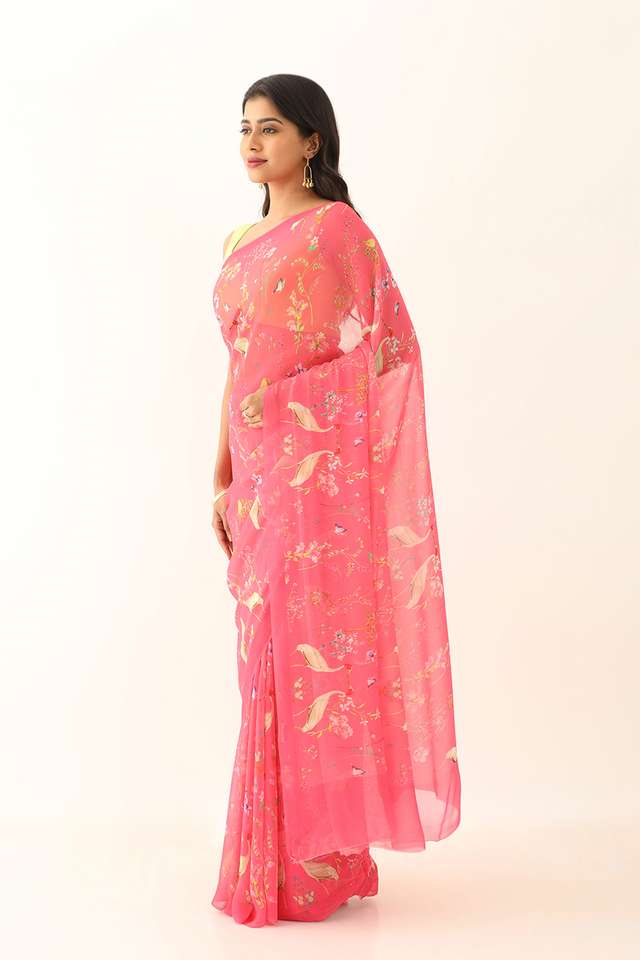Pink Viscose Georgette Digital Print Saree thumbnail image number null