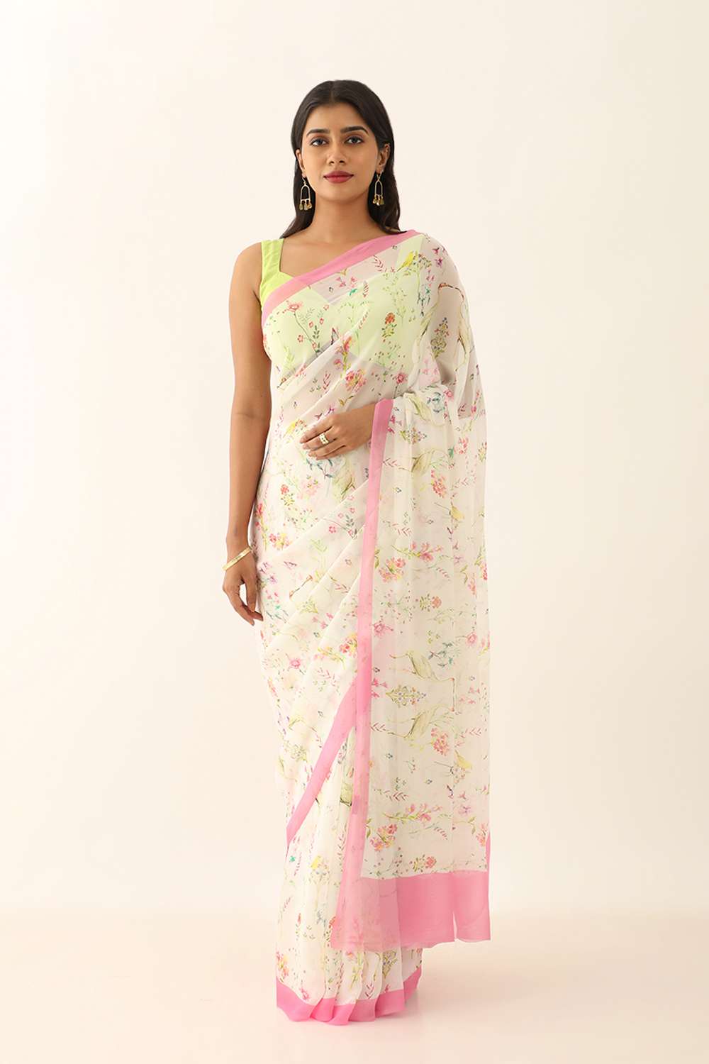 White Viscose Georgette Digital Print Saree image number null