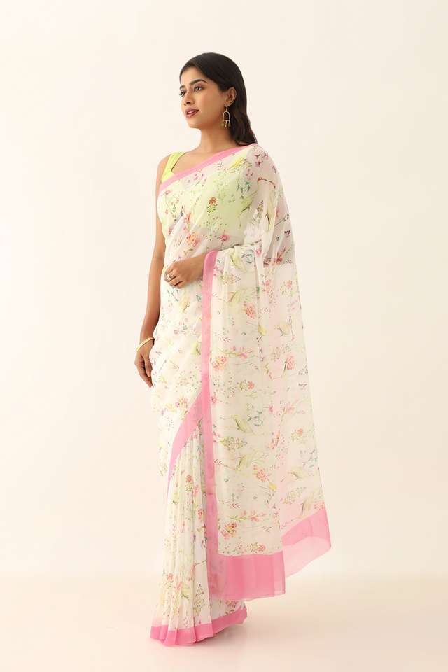 White Viscose Georgette Digital Print Saree thumbnail image number null