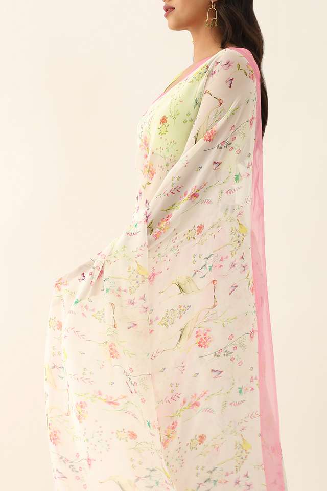 White Viscose Georgette Digital Print Saree thumbnail image number null