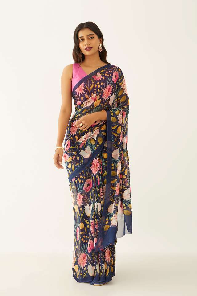 Blue Viscose Georgette Digital Print Saree thumbnail image number null