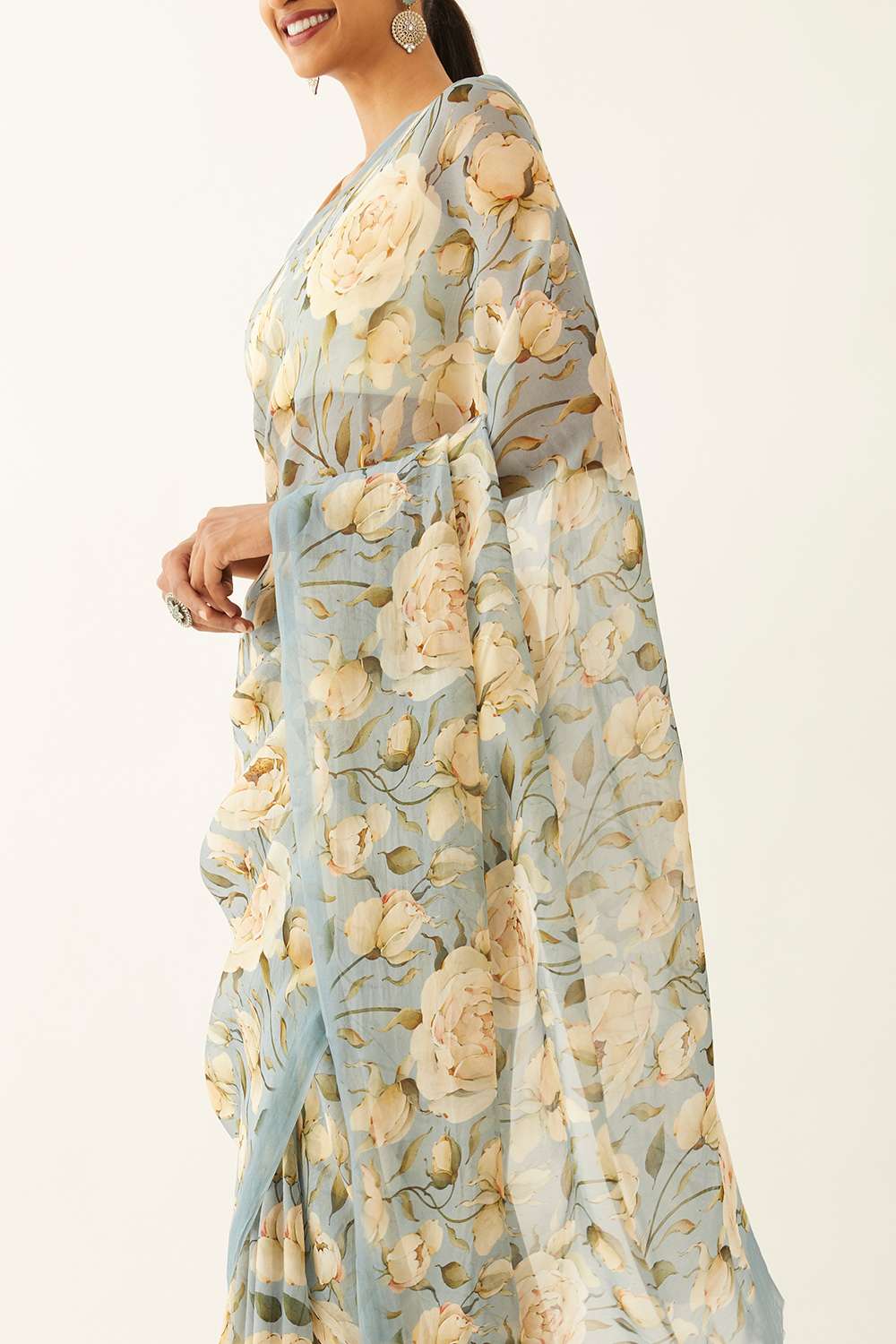 Blue Viscose Organza Digital Printed Saree image number null
