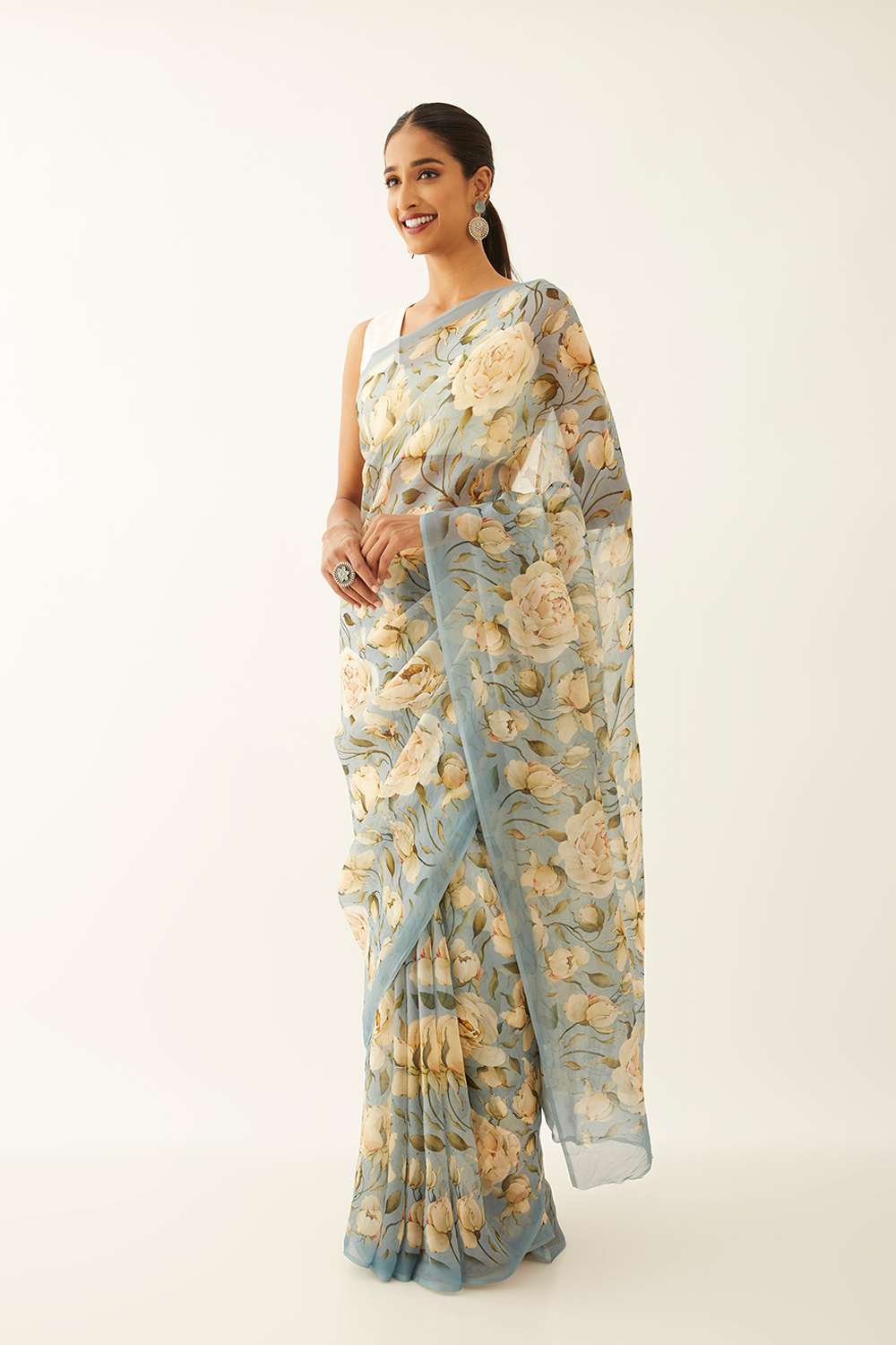 Blue Viscose Organza Digital Printed Saree image number null