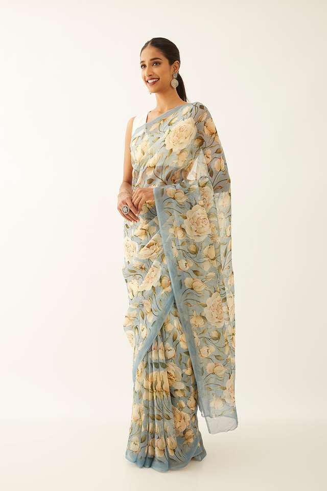 Blue Viscose Organza Digital Printed Saree thumbnail image number null