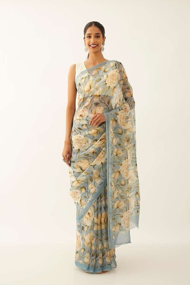 Blue Viscose Organza Digital Printed Saree thumbnail image number null
