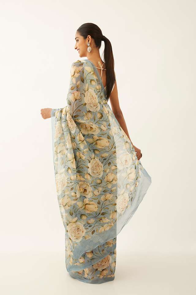Blue Viscose Organza Digital Printed Saree thumbnail image number null