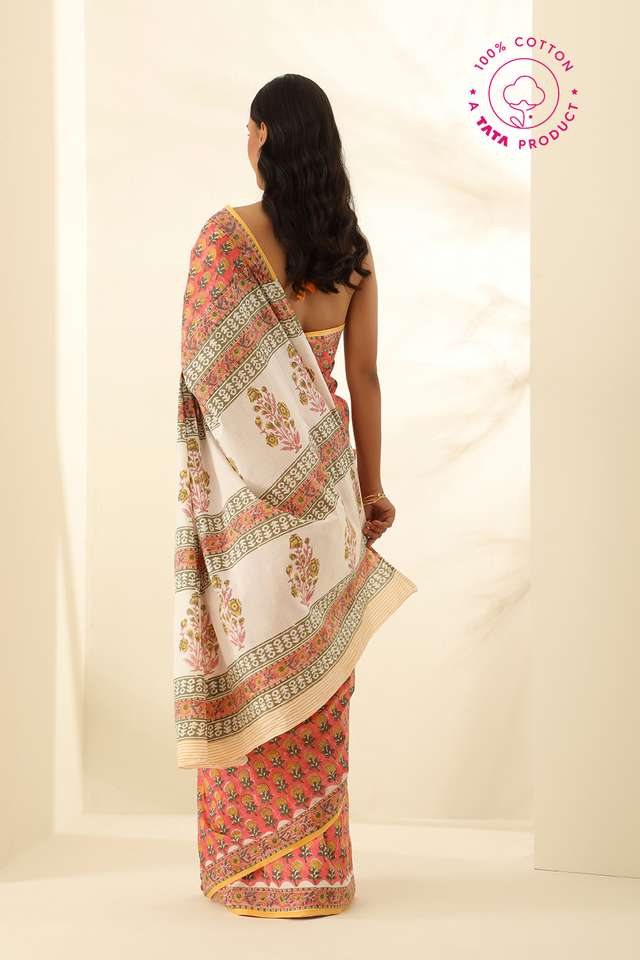 Orange Pure Cotton Bagru Block Printed Saree image number