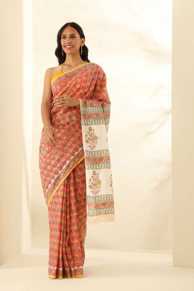 Orange Pure Cotton Bagru Block Printed Saree thumbnail image number null