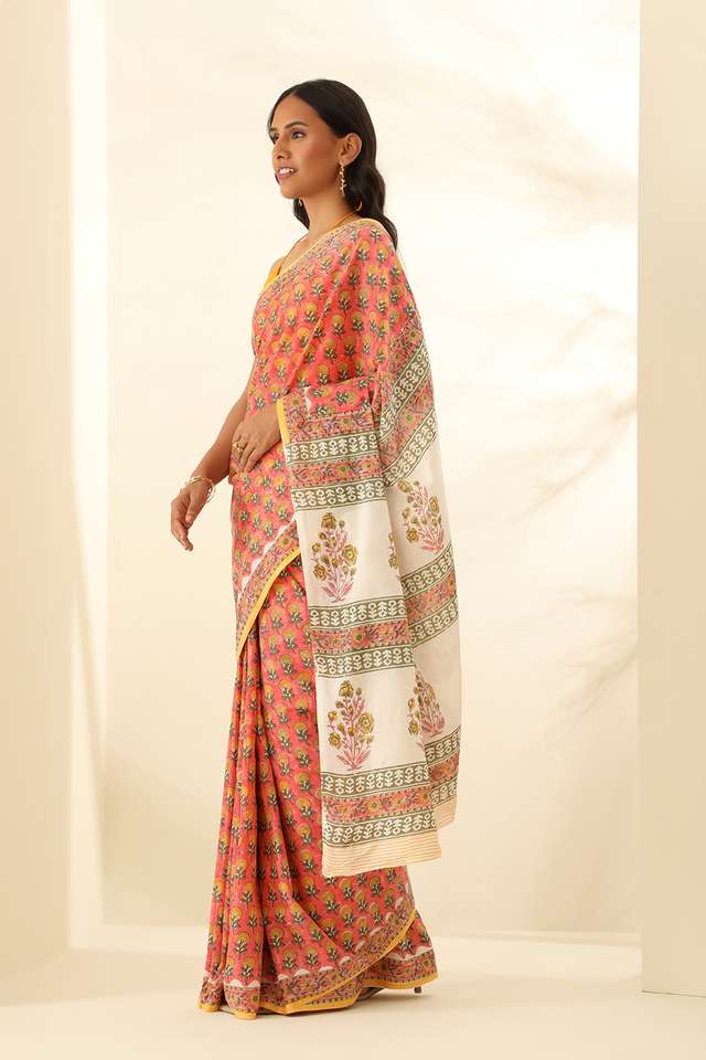 Orange Pure Cotton Bagru Block Printed Saree thumbnail image number null
