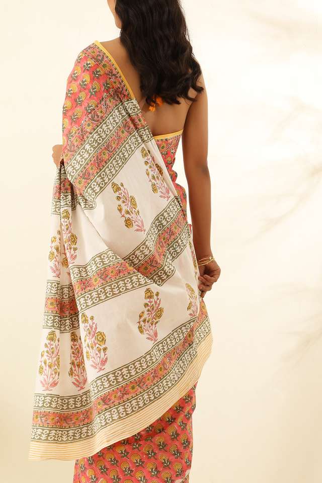 Orange Pure Cotton Bagru Block Printed Saree thumbnail image number null