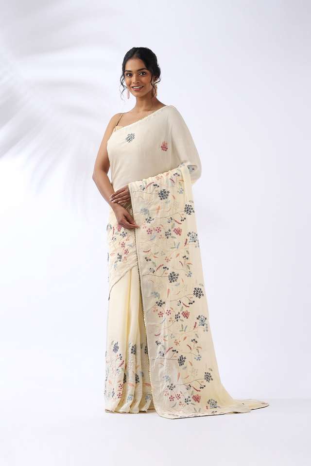 Light Yellow Viscose Embroidered Saree thumbnail image number null