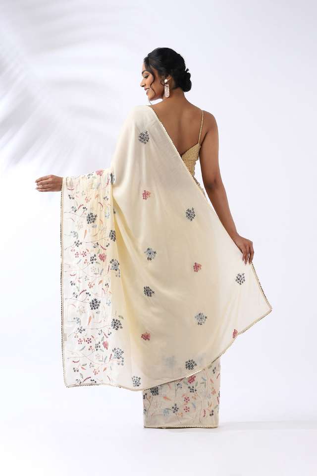 Light Yellow Viscose Embroidered Saree thumbnail image number null