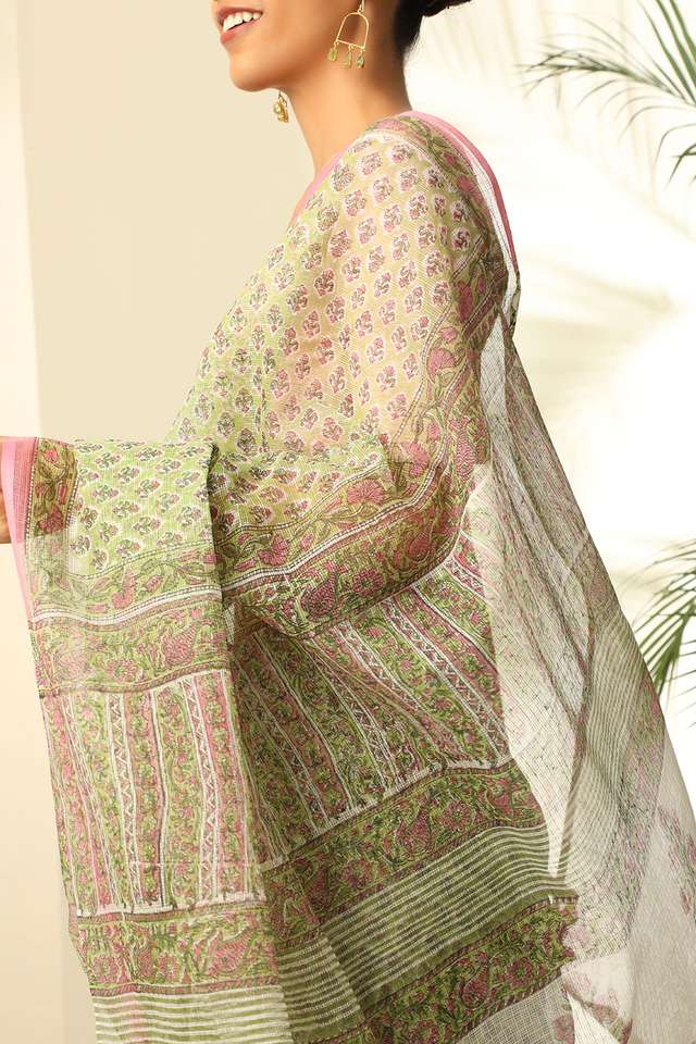 Light Green Pure Cotton Kota Bagru Block Printed Saree image number