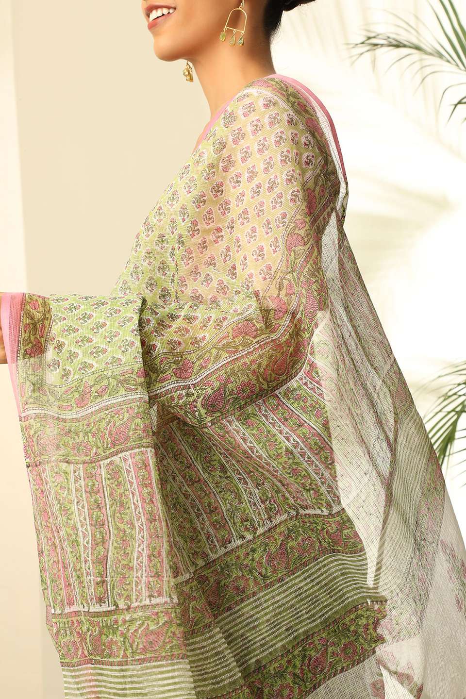Light Green Pure Cotton Kota Bagru Block Printed Saree