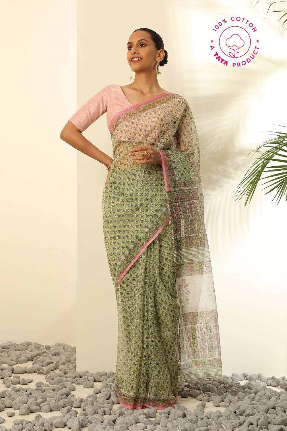 Light Green Pure Cotton Kota Bagru Block Printed Saree image number null