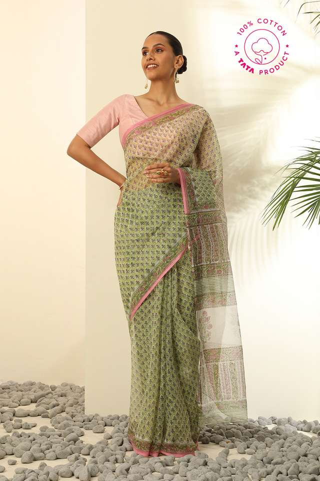 Light Green Pure Cotton Kota Bagru Block Printed Saree thumbnail image number null