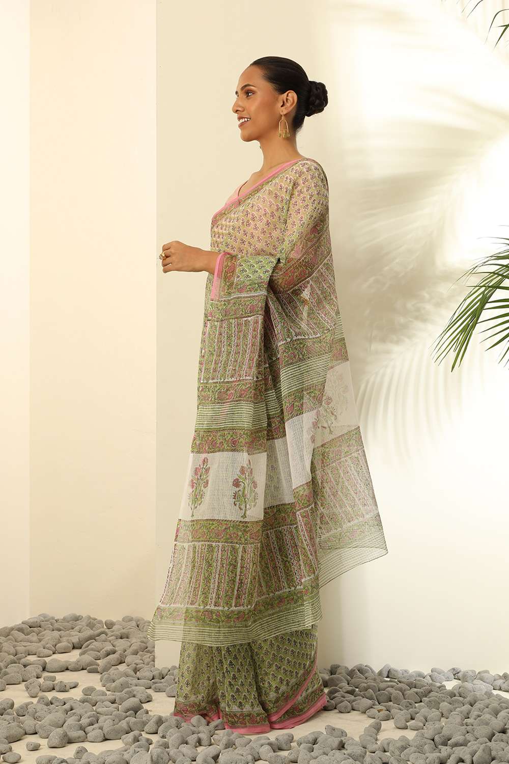 Light Green Pure Cotton Kota Bagru Block Printed Saree image number null