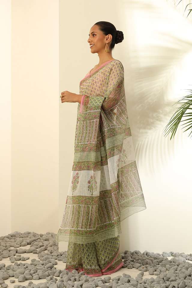 Light Green Pure Cotton Kota Bagru Block Printed Saree thumbnail image number null