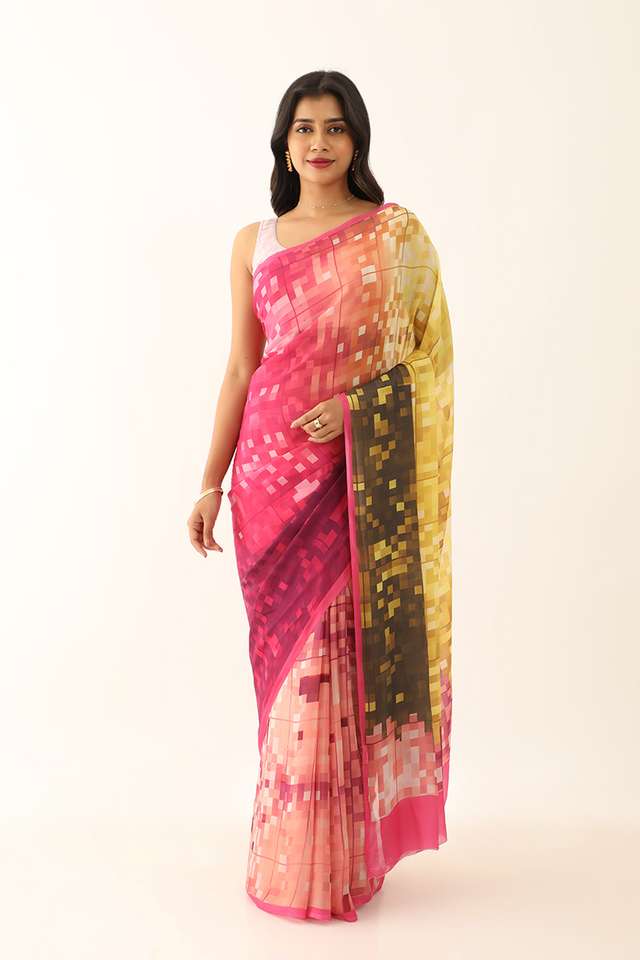 Pink Viscose Crepe Printed Saree thumbnail image number null
