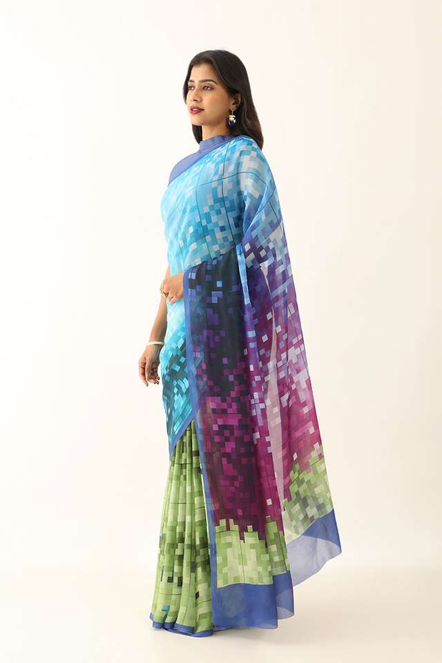 Blue Viscose Crepe Printed Saree thumbnail image number null