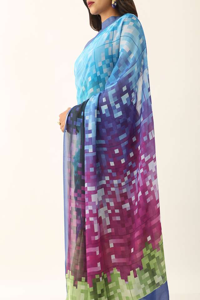 Blue Viscose Crepe Printed Saree thumbnail image number null
