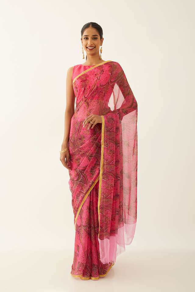 Pink Viscose Chiffon Printed Saree thumbnail image number null
