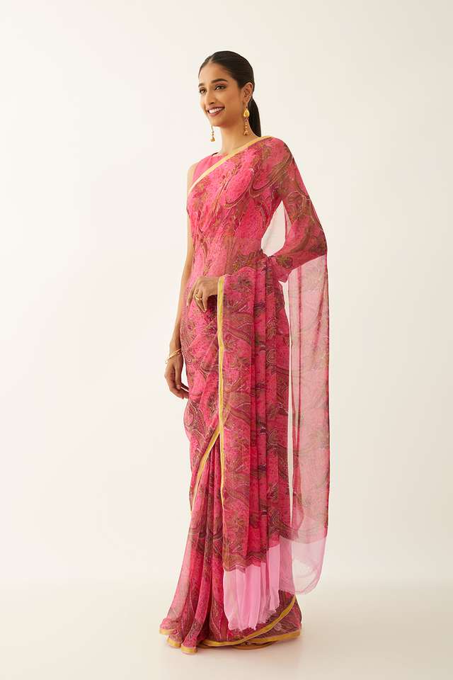 Pink Viscose Chiffon Printed Saree thumbnail image number null