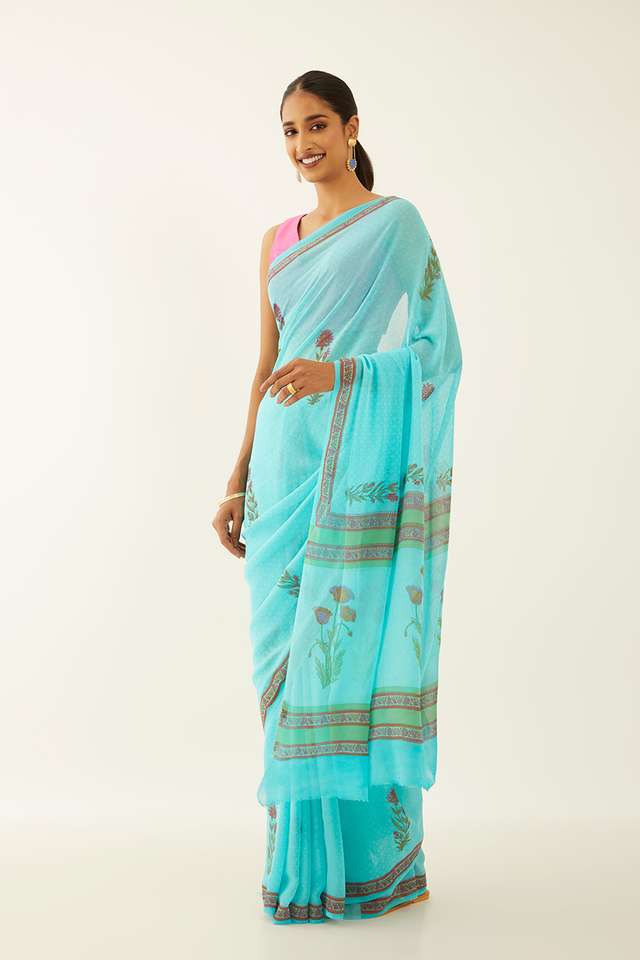 Blue Viscose Georgette Printed Saree thumbnail image number null