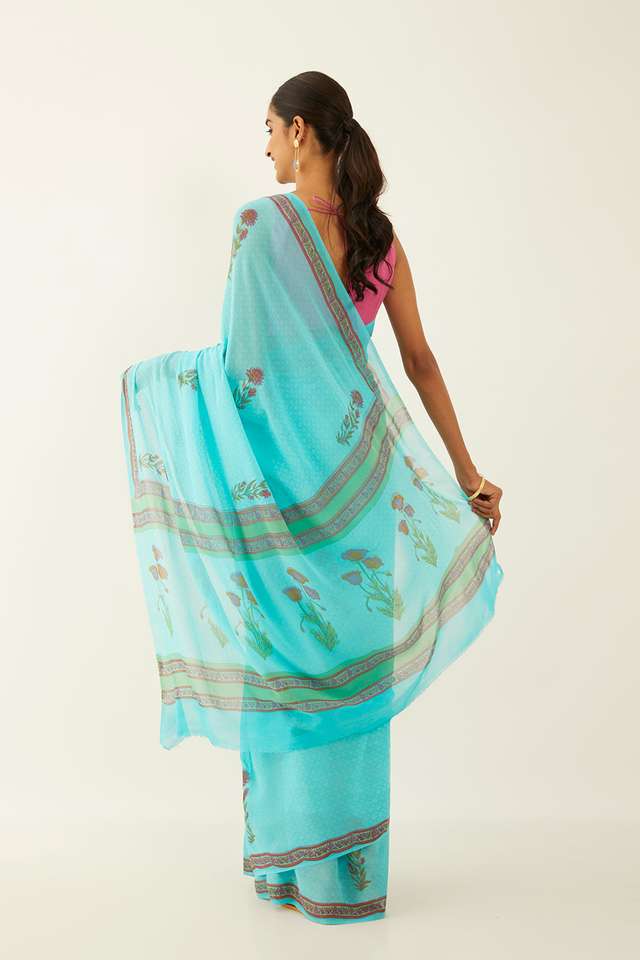 Blue Viscose Georgette Printed Saree thumbnail image number null