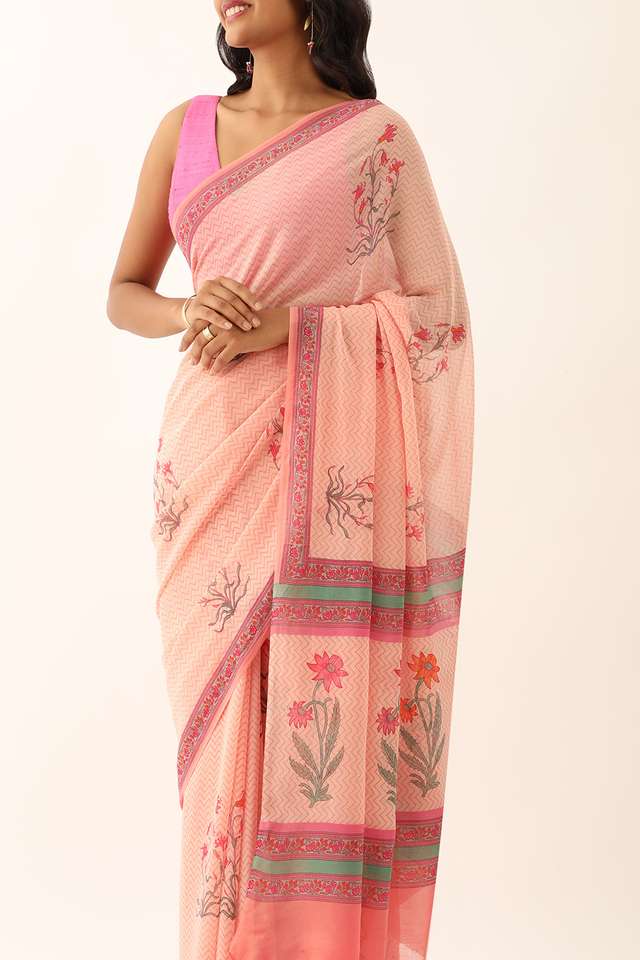 Light Pink Viscose Georgette Block Printed Saree image number