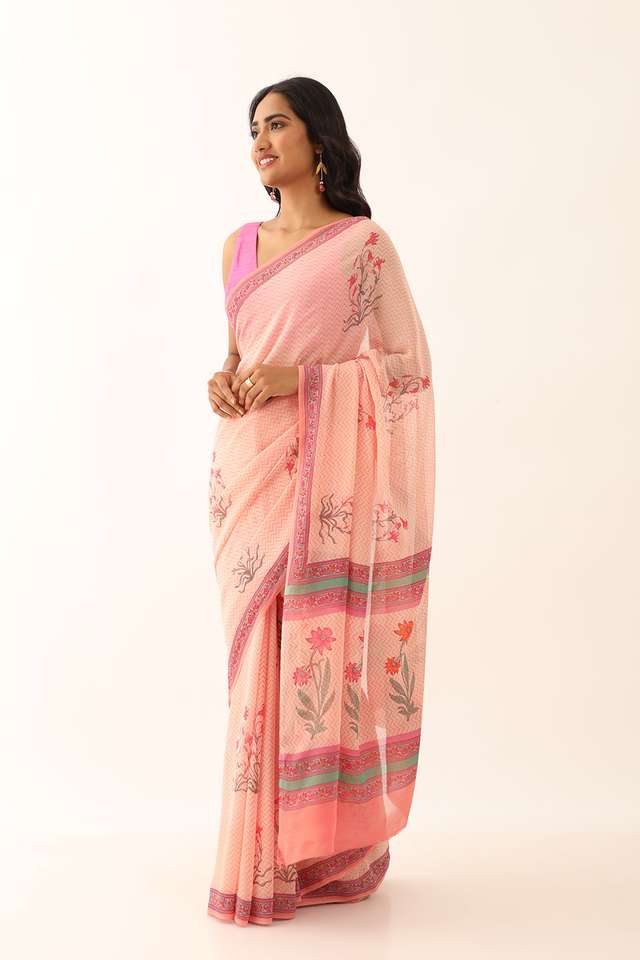 Light Pink Viscose Georgette Block Printed Saree thumbnail image number null
