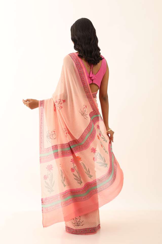 Light Pink Viscose Georgette Block Printed Saree thumbnail image number null