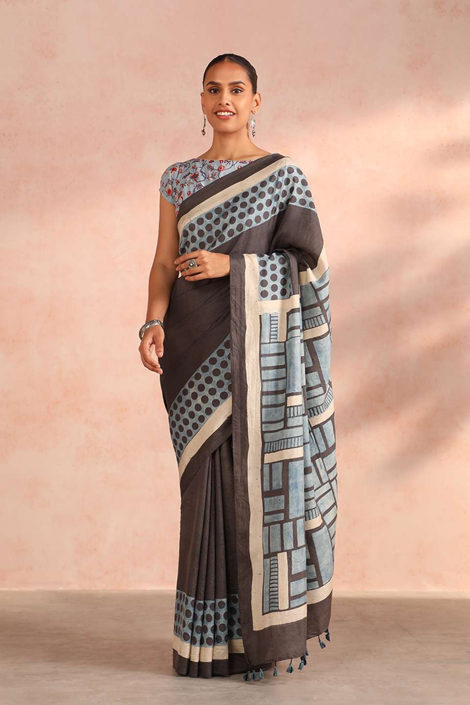 Grey Gujarat Pure Silk Ajrakh Block Print Saree