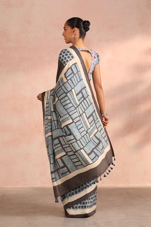 Grey Gujarat Pure Silk Ajrakh Block Print Saree thumbnail image number null