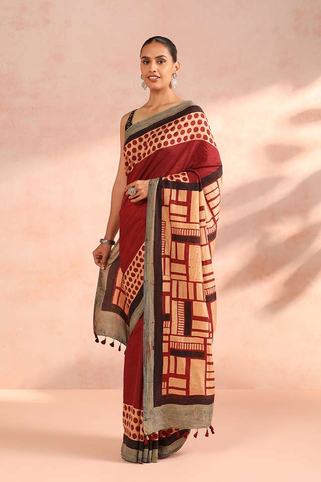 Orange Gujarat Pure Silk Ajrakh Block Print Saree image number