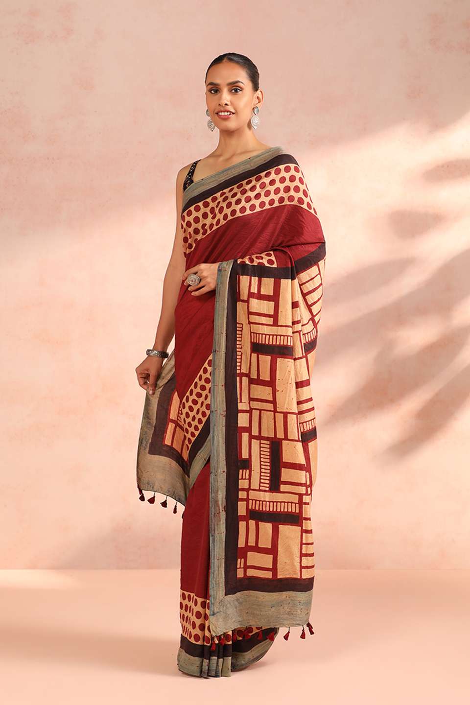 Orange Gujarat Pure Silk Ajrakh Block Print Saree
