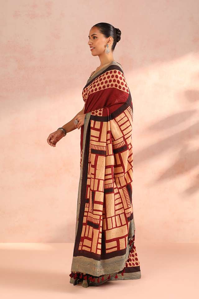 Orange Gujarat Pure Silk Ajrakh Block Print Saree thumbnail image number null