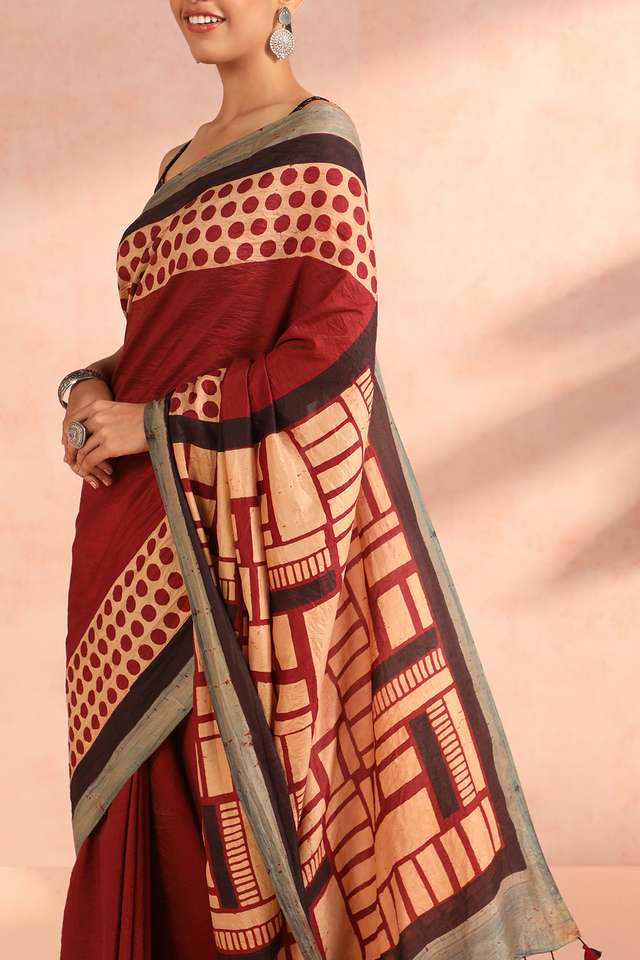 Orange Gujarat Pure Silk Ajrakh Block Print Saree thumbnail image number null