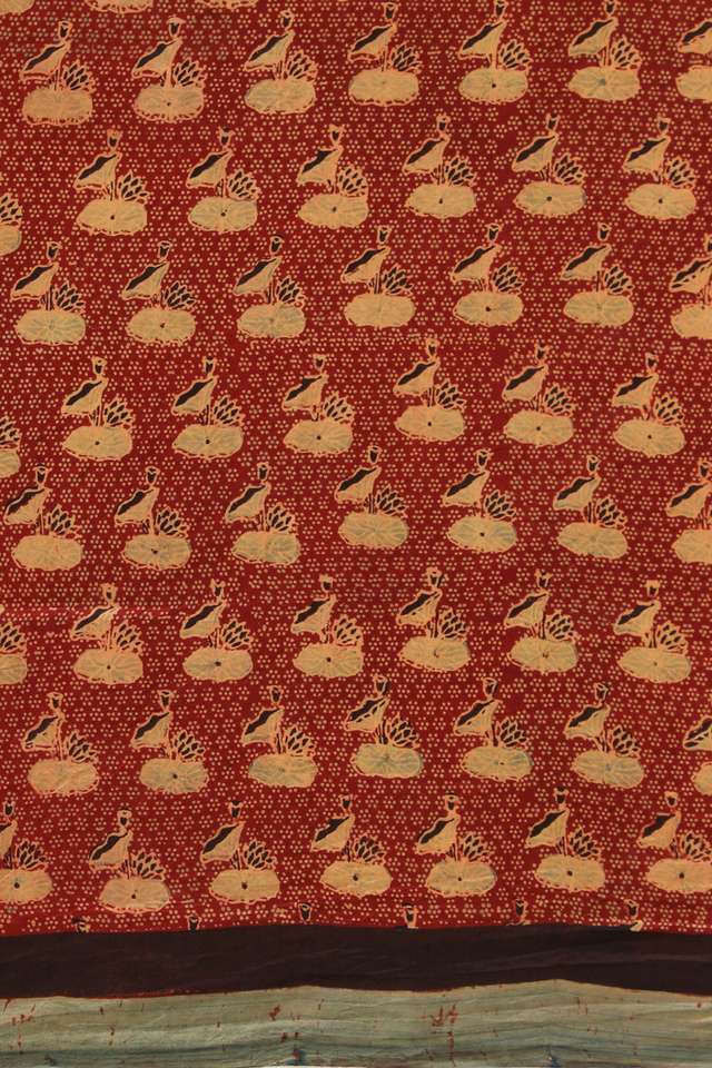 Orange Gujarat Pure Silk Ajrakh Block Print Saree thumbnail image number null