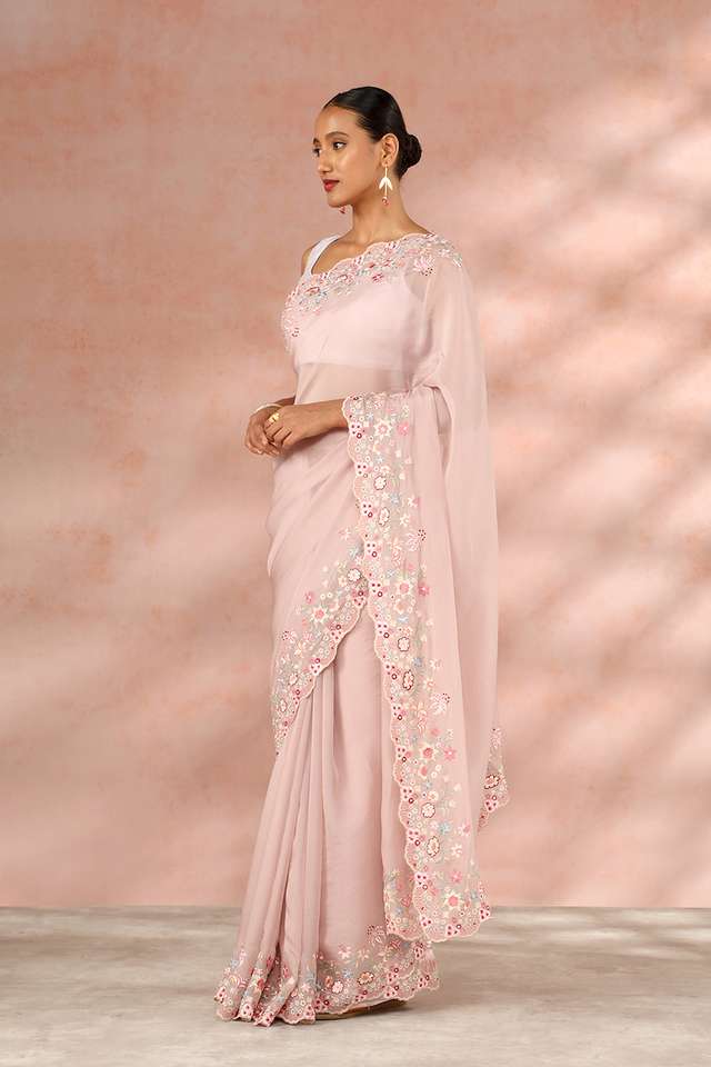 Light Pink Contemporary Viscose Organza Embroidery Saree thumbnail image number null