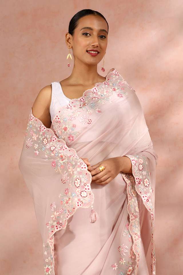 Light Pink Contemporary Viscose Organza Embroidery Saree thumbnail image number null