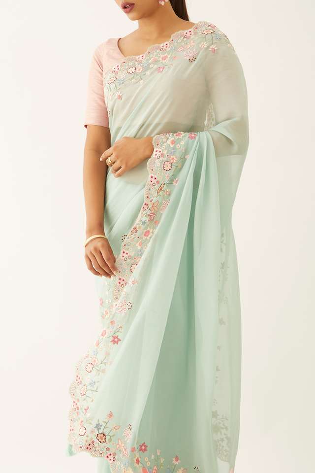 Light Blue Viscose Organza Embroidery Saree image number