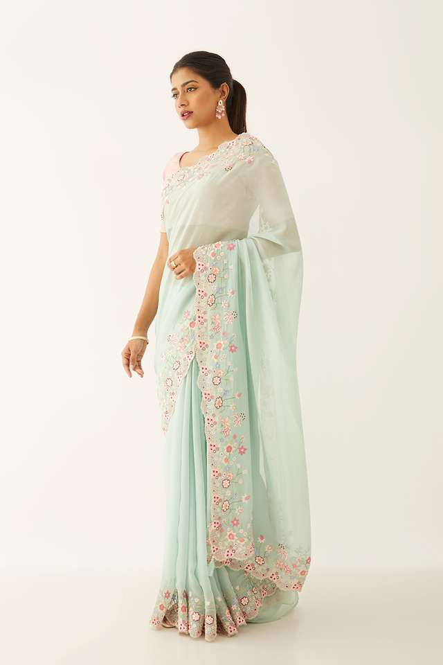 Light Blue Viscose Organza Embroidery Saree thumbnail image number null