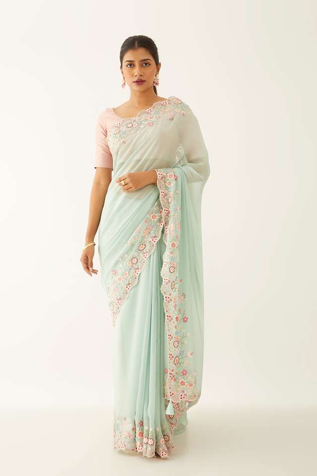 Light Blue Viscose Organza Embroidery Saree thumbnail image number null