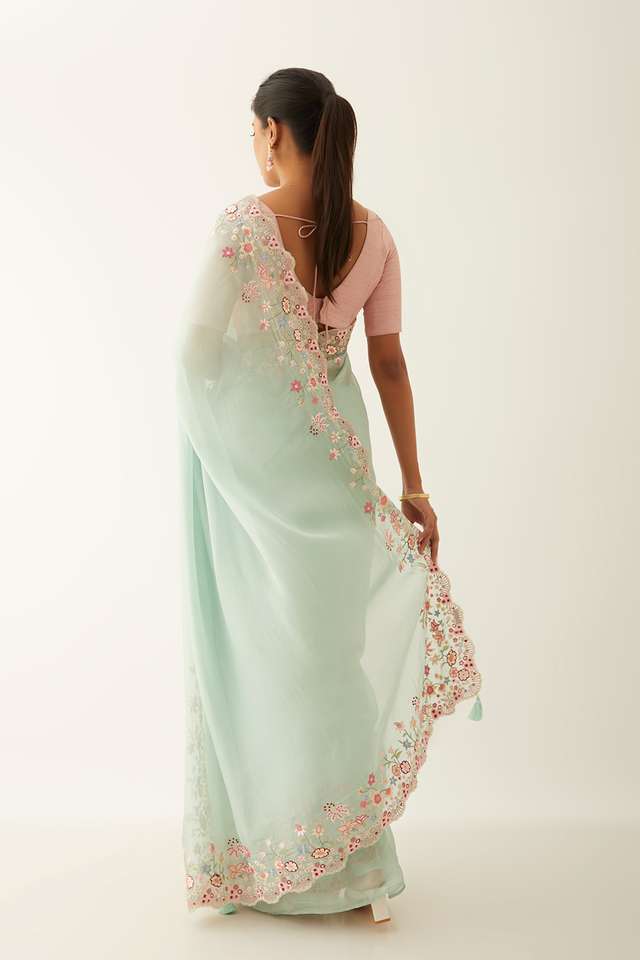 Light Blue Viscose Organza Embroidery Saree thumbnail image number null