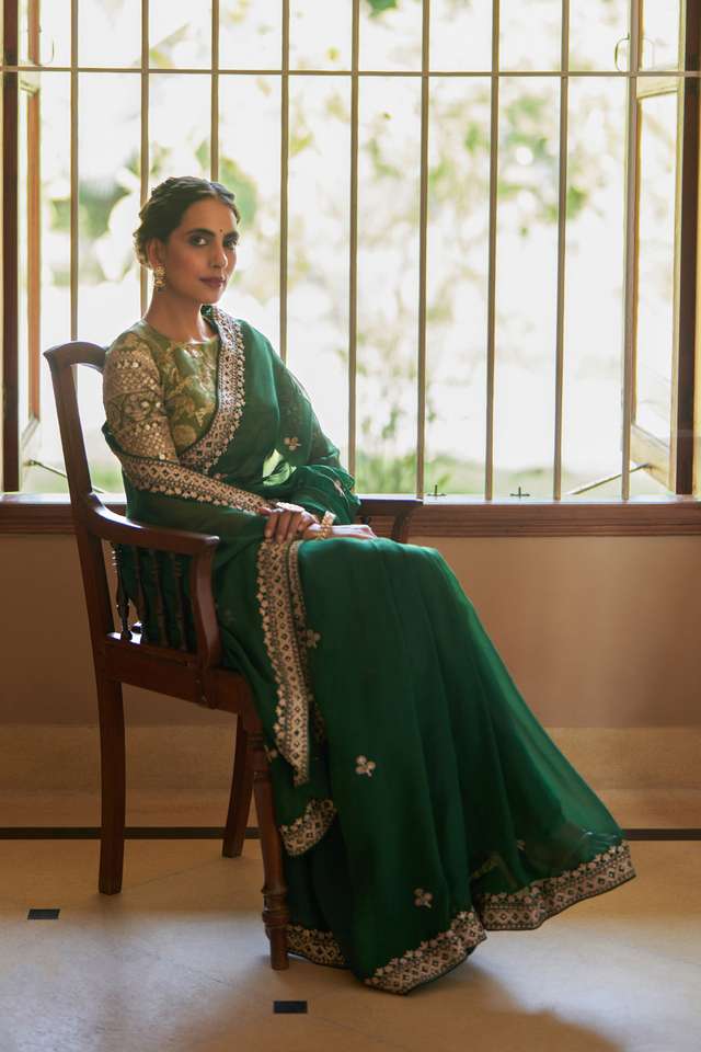 Green Viscose Organza Embroidery Saree image number