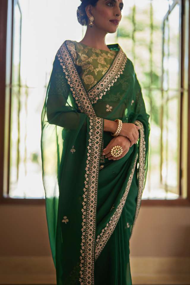 Green Viscose Organza Embroidery Saree thumbnail image number null