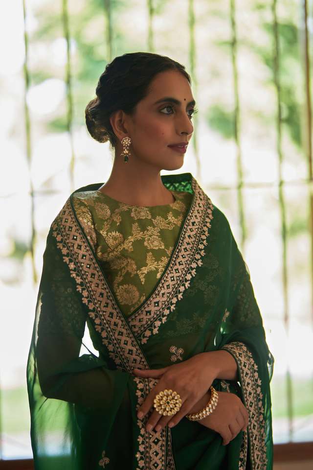 Green Viscose Organza Embroidery Saree thumbnail image number null
