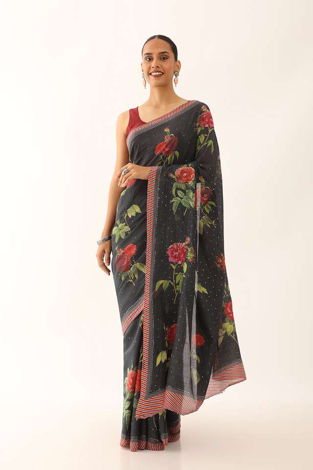 Black Bhagalpur Pure Tussar Cotton Screen Printed Saree image number