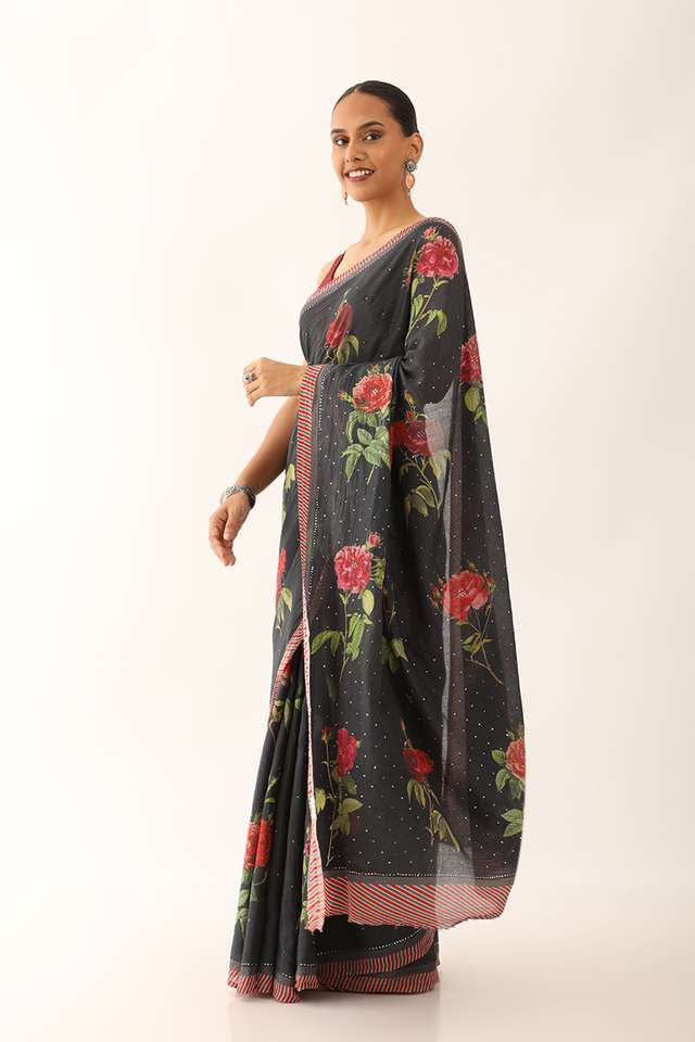 Black Bhagalpur Pure Tussar Cotton Screen Printed Saree thumbnail image number null